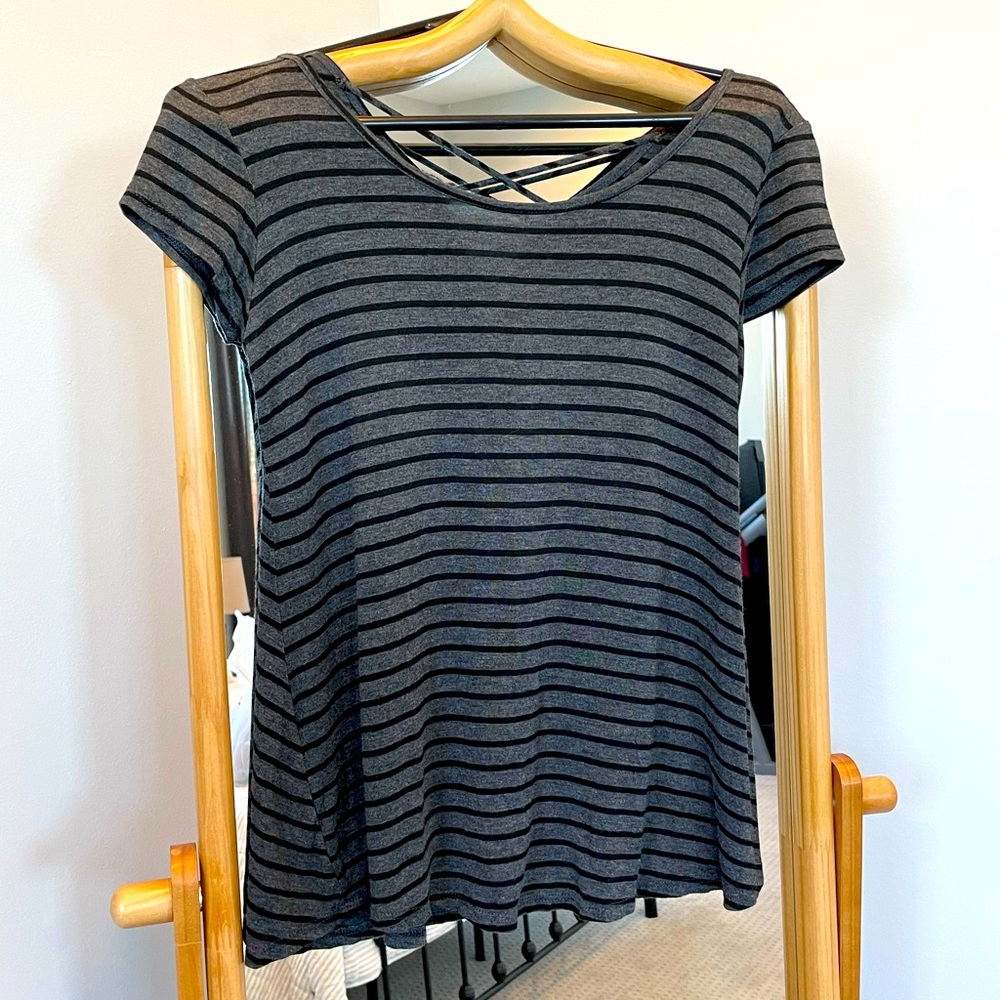 See You Monday Los Angeles grey and black striped cross back tee size small
